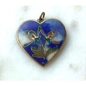 Vintage Cloisonne Heart Flower Charm Blue White Large Pendant
